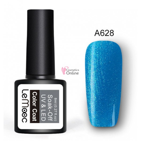 Oja semipermanenta LeMooc color UV / LED de 8 ml Cod A628 Blue + 1 Cutie sclipici Auriu Cadou